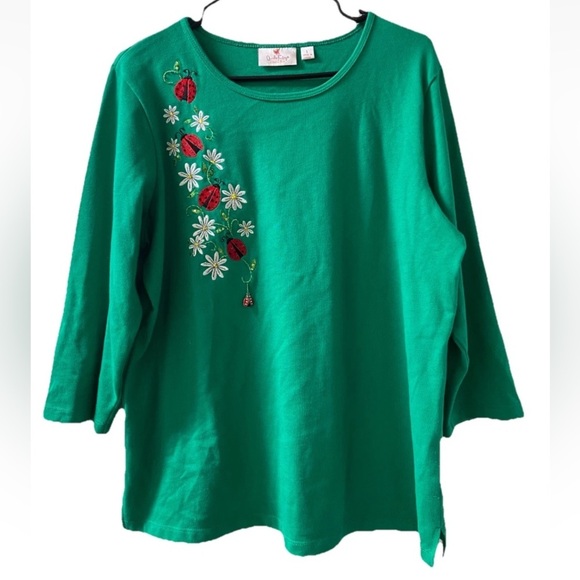 Quacker Factory Sz L Embroidered Beaded Ladybug Pullover Top Shirt Green QVC - Picture 1 of 10